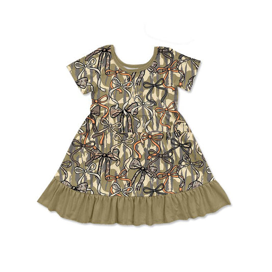(Pre-order)GSD3432 Camo Bows Print Girls Summer Knee Length Dress