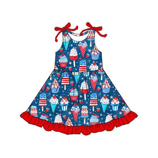 (Pre-order)GSD3434 Ice Cream Stars Print Girls 4th of July Knee Length Dress
