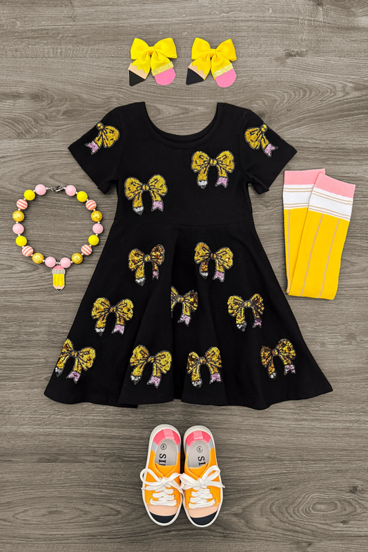 (Pre-order)GSD3437 Pen Bows Sequin Girls Back to School Knee Length Dress