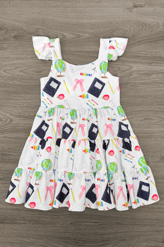 (Pre-order)GSD3438 Pen Apple Bows Print Girls Back to School Knee Length Dress