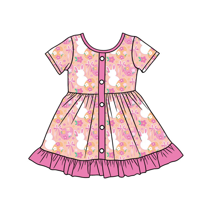 (Pre-order)GSD3440 Bunny Eggs Flowers Bows Print Girls Easter Knee Length Dress
