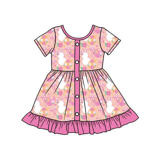 (Pre-order)GSD3440 Bunny Eggs Flowers Bows Print Girls Easter Knee Length Dress