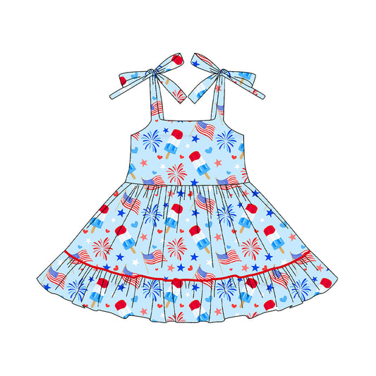 (Pre-order)GSD3442 Popsicle Flag Stars Print Girls 4th of July Knee Length Dress