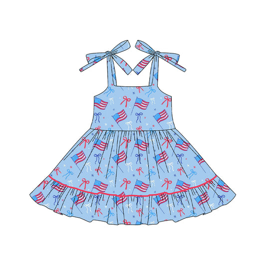 (Pre-order)GSD3443 Flag Bows Print Girls 4th of July Knee Length Dress