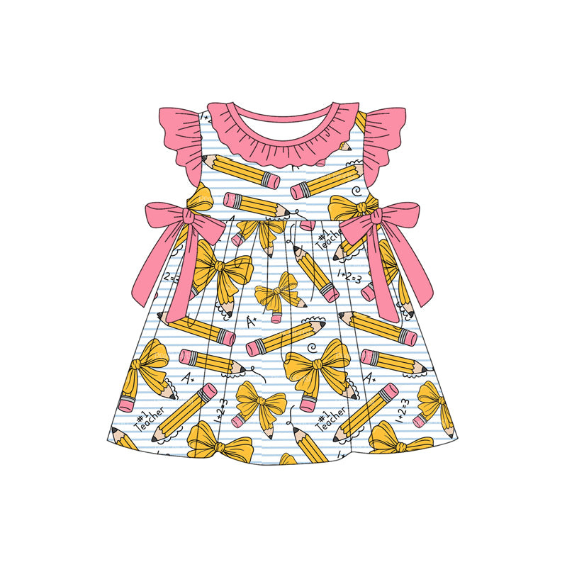 (Pre-order)GSD3445 Pen Bows Print Girls Back to School Knee Length Dress