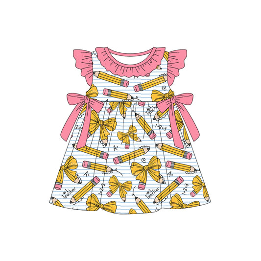 (Pre-order)GSD3445 Pen Bows Print Girls Back to School Knee Length Dress
