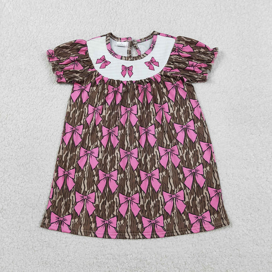 GSD3446 Camo Bows Embroidery Girls Summer Knee Length Smocked Dress