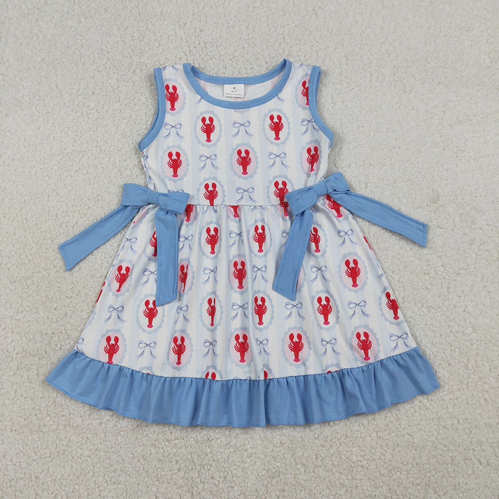 GSD3448 Crayfish Bows Print Girls Summer Knee Length Dress
