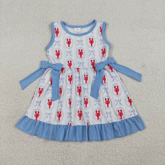 GSD3448 Crayfish Bows Print Girls Summer Knee Length Dress