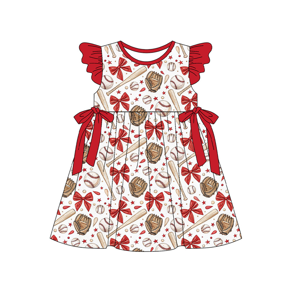 (Pre-order)GSD3455 Baseball Bows Print Girls Summer Knee Length Dress