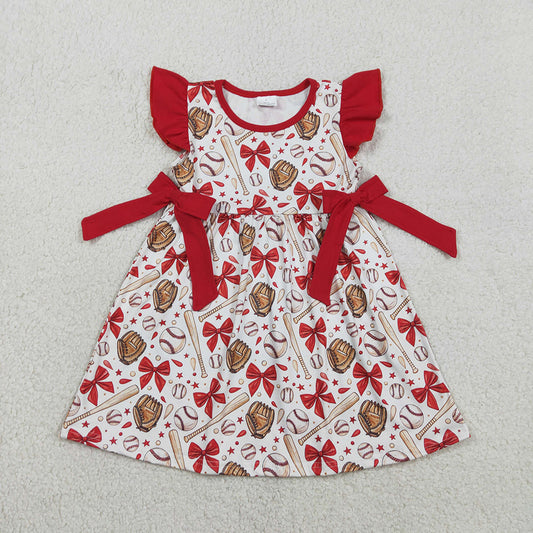 GSD3455 Baseball Bows Print Girls Summer Knee Length Dress