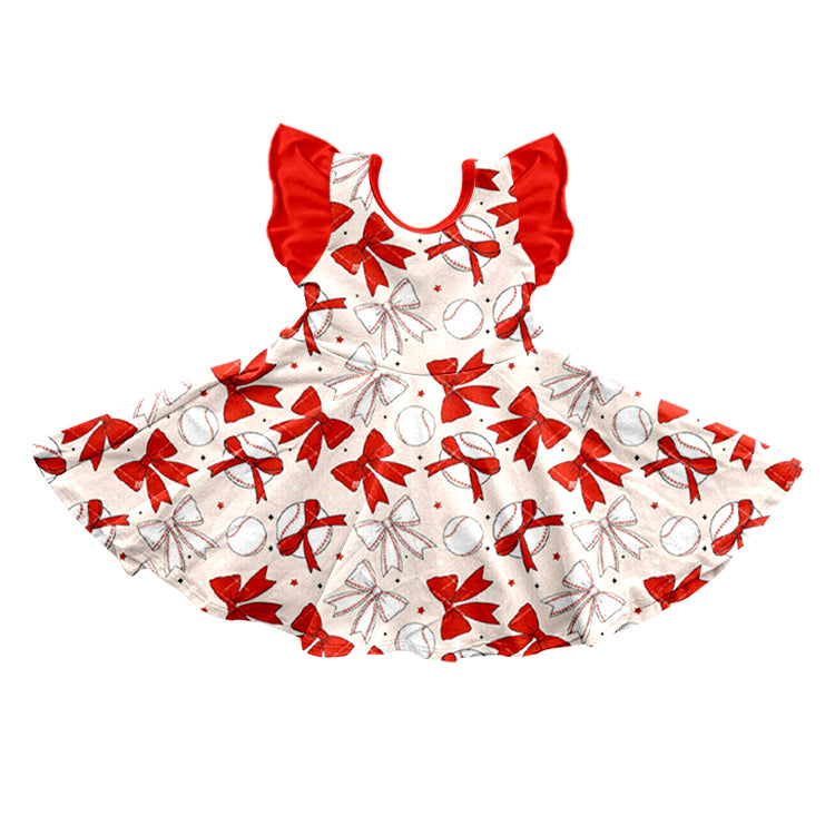 (Pre-order)GSD3456 Baseball Red Bows Print Girls Summer Knee Length Dress