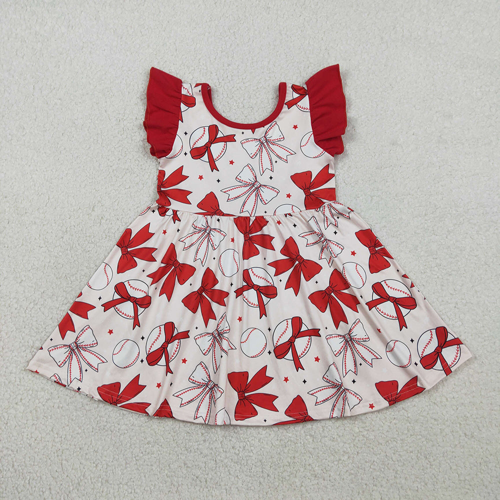 GSD3456 Baseball Red Bows Print Girls Summer Knee Length Dress