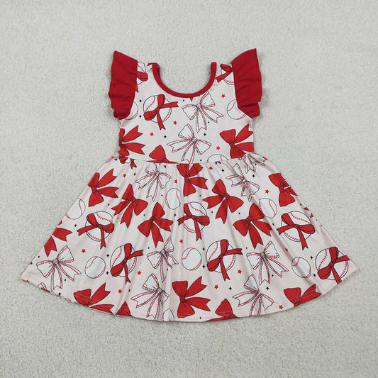 GSD3456 Baseball Red Bows Print Girls Summer Knee Length Dress