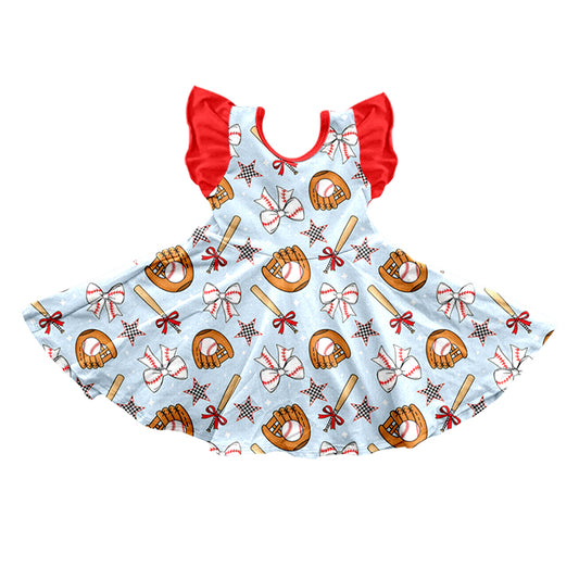 (Pre-order)GSD3458 Baseball Bows Print Girls Summer Knee Length Dress