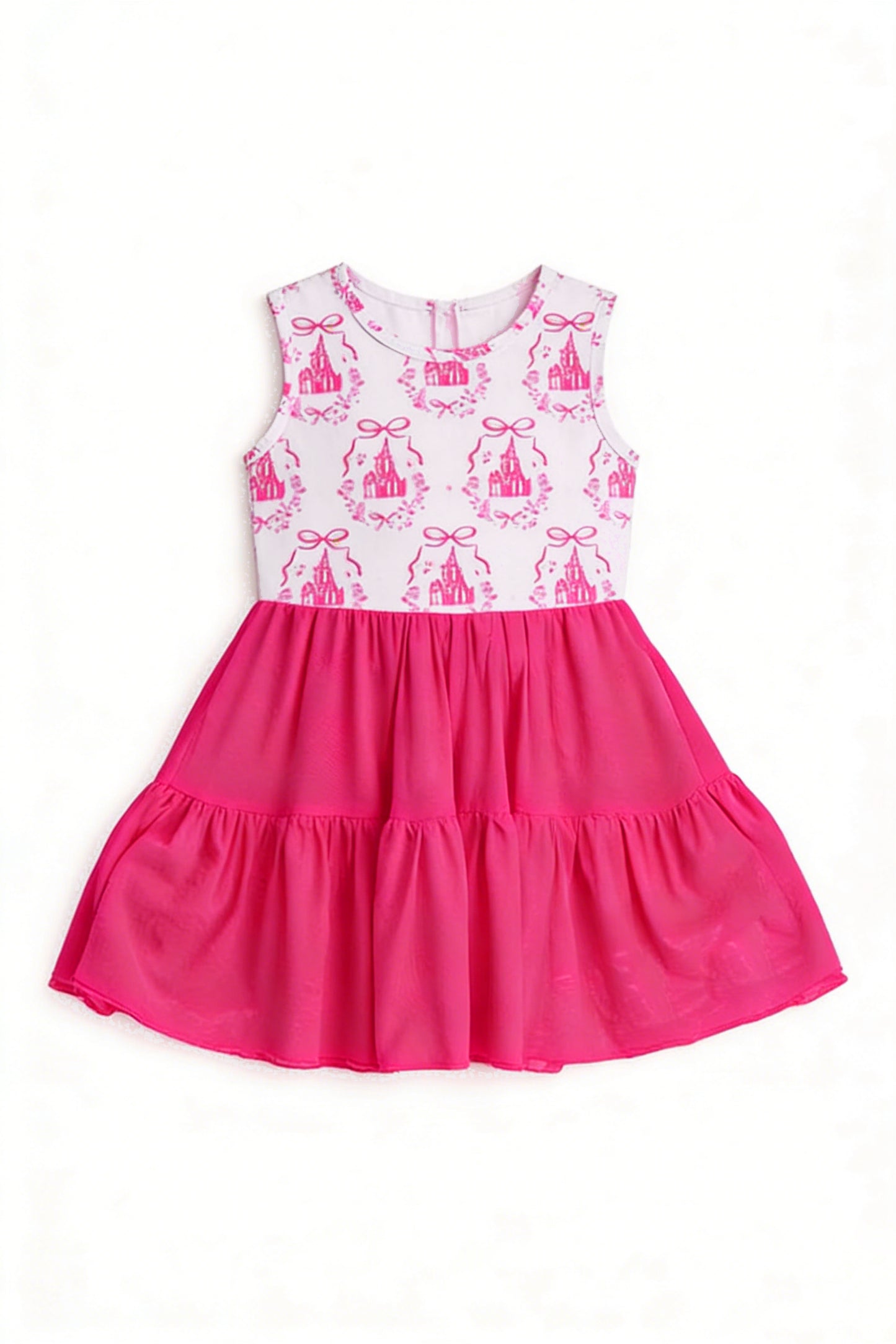 (Pre-order)GSD3461  Castle Bows Hot Pink Print Girls Summer Knee Length Yoga Dress