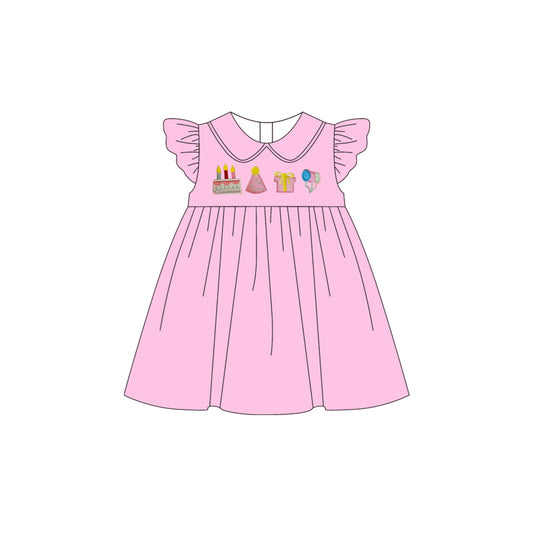 (Pre-order)GSD3463 Cake Pink Print Girls Happy Birthday Knee Length Dress