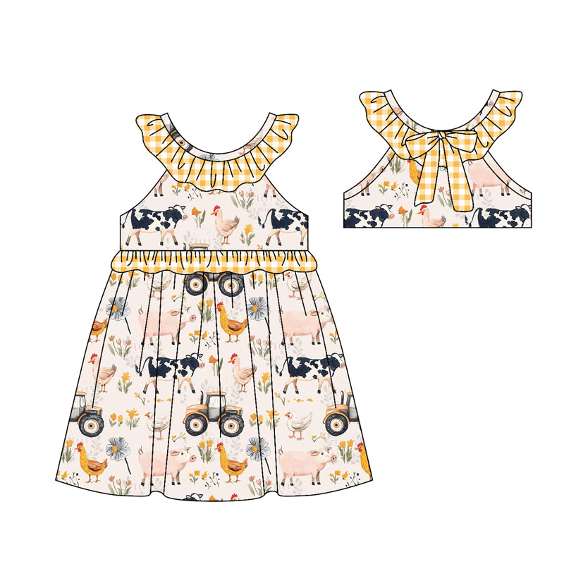 (Pre-order)GSD3476 Tractors Farm Animals Flowers Print Girls Summer Knee Length Dress