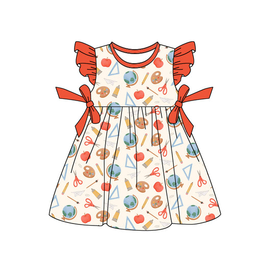 (Pre-order)GSD3477 Apple Pen Ruler Print Girls Back to School Knee Length Dress