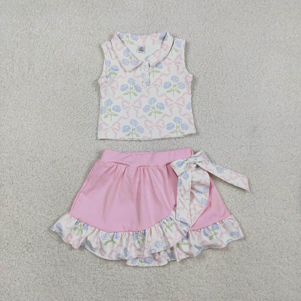 GSD3478 Flowers Bows Top Pink Ruffle Skirts Shorts Girls Summer Yoga Clothes Set