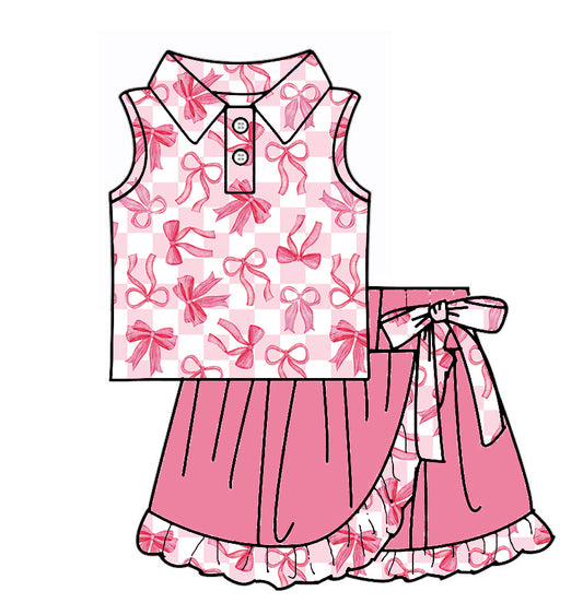 (Pre-order)GSD3480 Bows Plaid Top Hot Pink Skirts Girls Summer Yoga Clothes Set