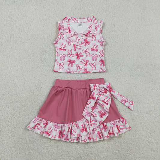 GSD3480 Bows Plaid Top Ruffle Skirts Shorts Girls Summer Yoga Clothes Set