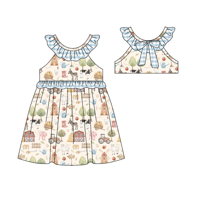 (Pre-order)GSD3482 Farm Animals Print Girls Summer Knee Length Dress