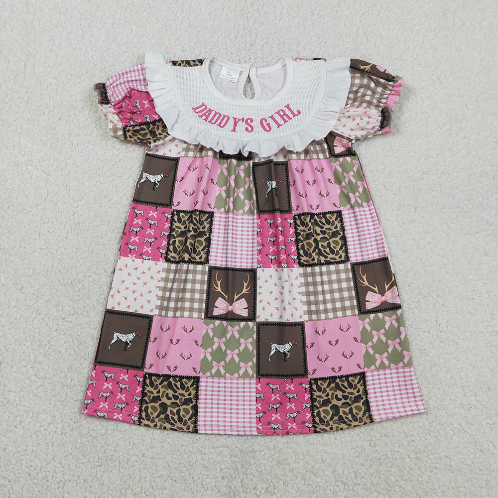 GSD3484 Daddy's Girl Embroidery Pink Bows Dog Plaid Print Girls Summer Knee Length Smocked Dress