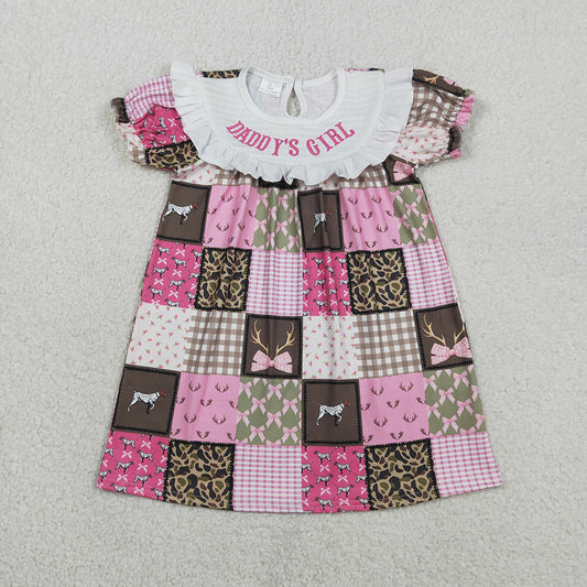 GSD3484 Daddy's Girl Embroidery Pink Bows Dog Plaid Print Girls Summer Knee Length Smocked Dress