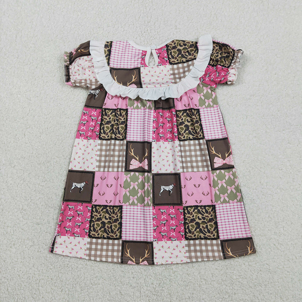 GSD3484 Daddy's Girl Embroidery Pink Bows Dog Plaid Print Girls Summer Knee Length Smocked Dress