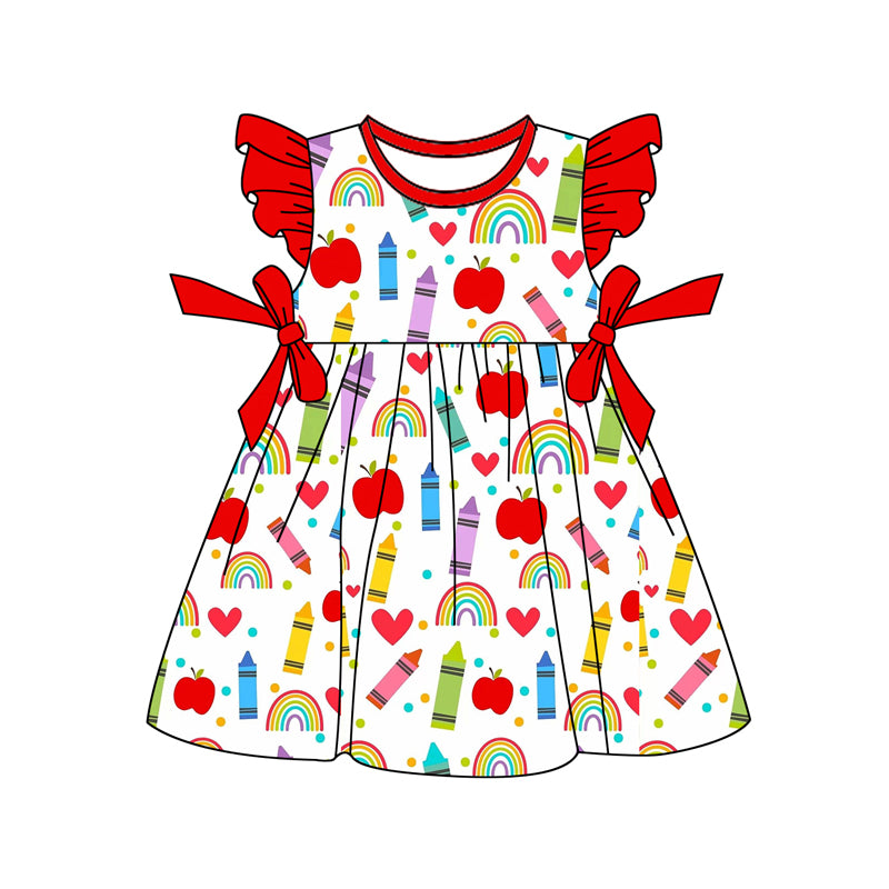(Pre-order)GSD3488 Pen Apple Rainbow Print Girls Back to School Knee Length Dress