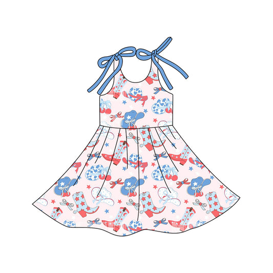 (Pre-order)GSD3489 Boots Hat Bows Stars Print Girls 4th of July Knee Length Dress