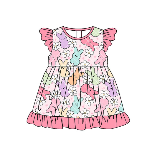 (Pre-order)GSD3491 Colorful Bunny Flowers Print Girls Easter Knee Length Dress