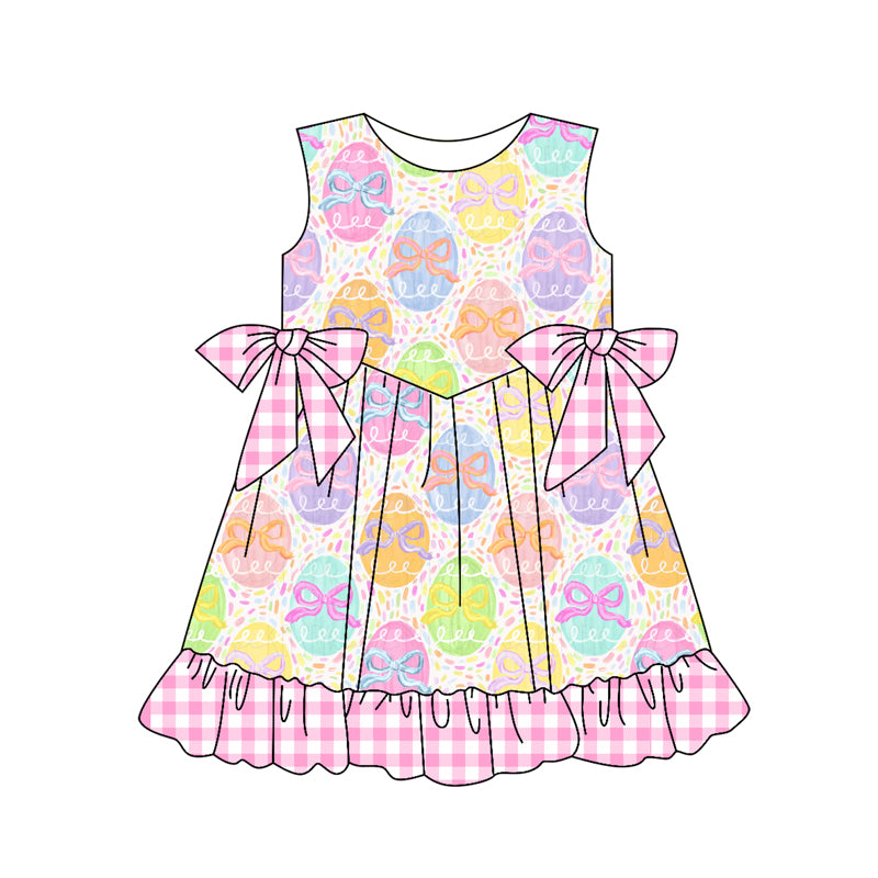 (Pre-order)GSD3492 Colorful Eggs Bows Print Girls Easter Knee Length Dress