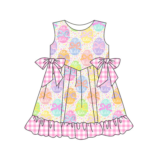 (Pre-order)GSD3492 Colorful Eggs Bows Print Girls Easter Knee Length Dress