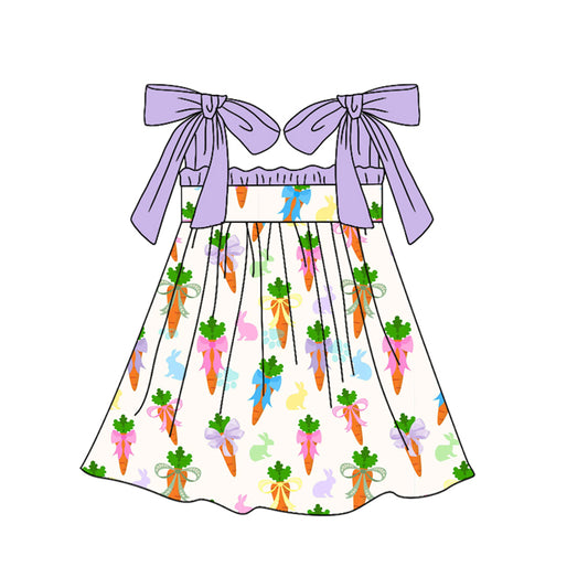 (Pre-order)GSD3493 Bunny Carrot Bows Print Girls Easter Knee Length Dress