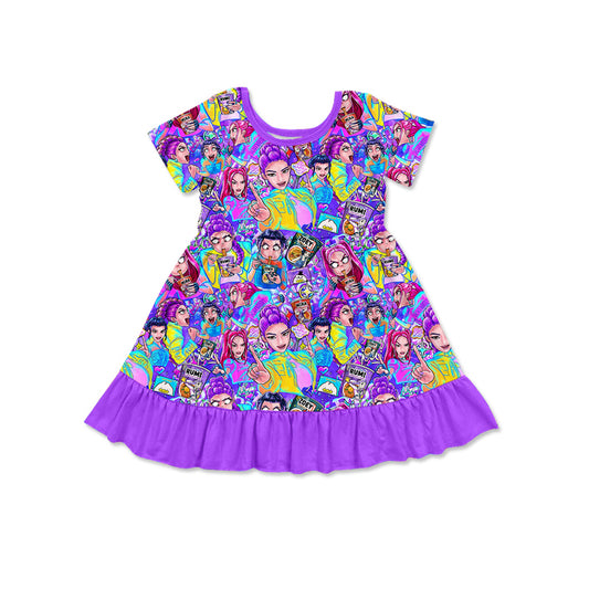 (Pre-order)GSD3494 Cartoon Demon Movie Purple Print Girls Summer Knee Length Dress
