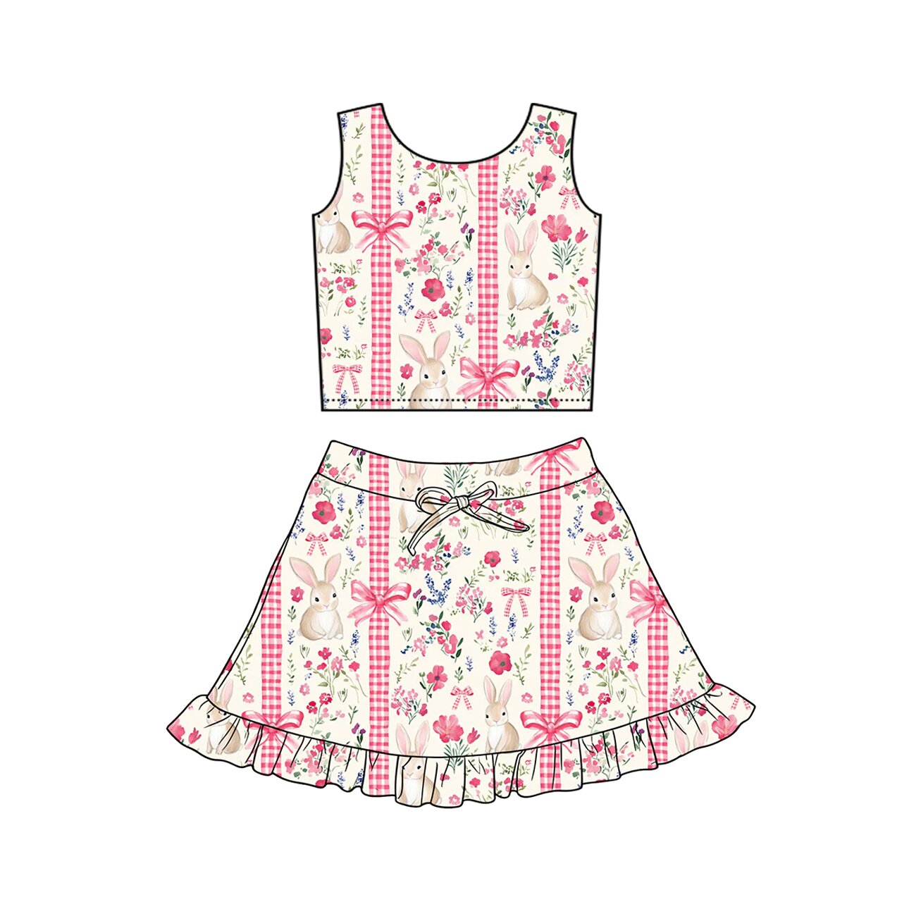 (Pre-order)GSD3496 Bunny Flowers Bows Plaid Top Skirts Girls Easter Yoga Clothes Set