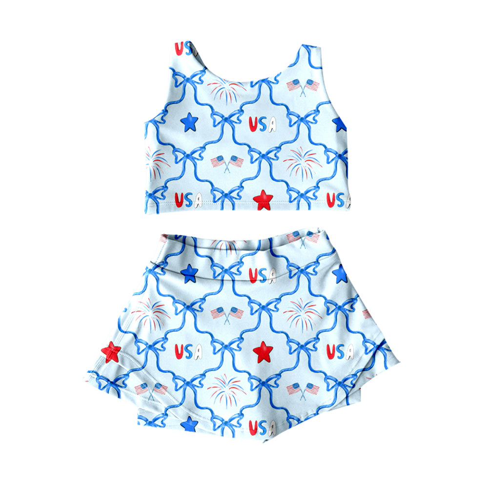 (Pre-order)GSD3497 Flag Bows USA Top Shorts Skirts Girls 4th of July Yoga Clothes Set