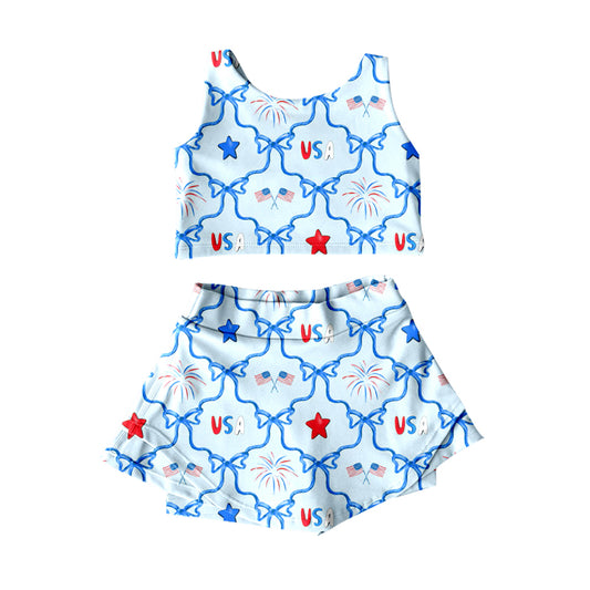 (Pre-order)GSD3497 Flag Bows USA Top Shorts Skirts Girls 4th of July Yoga Clothes Set
