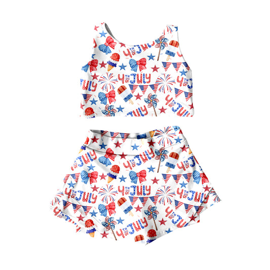 (Pre-order)GSD3498 Popsicle Stars Bows Top Shorts Skirts Girls 4th of July Yoga Clothes Set