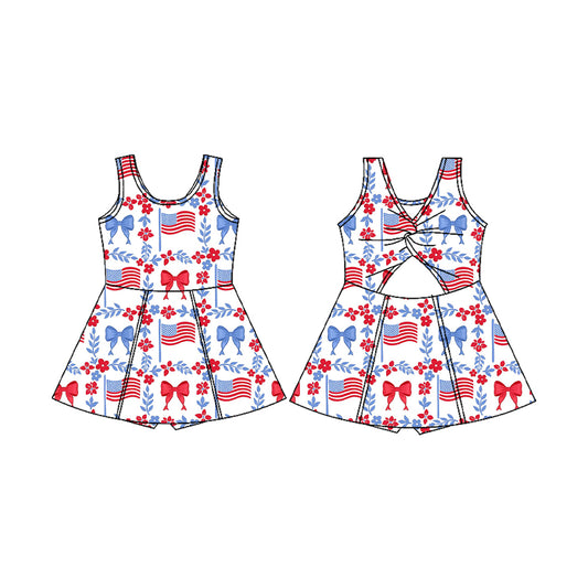 (Pre-order)GSD3500  Flag Bows Flowers Print Girls 4th of July Knee Length Yoga Dress