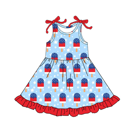(Pre-order)GSD3502 Popsicle Stars Print Girls 4th of July Knee Length Dress