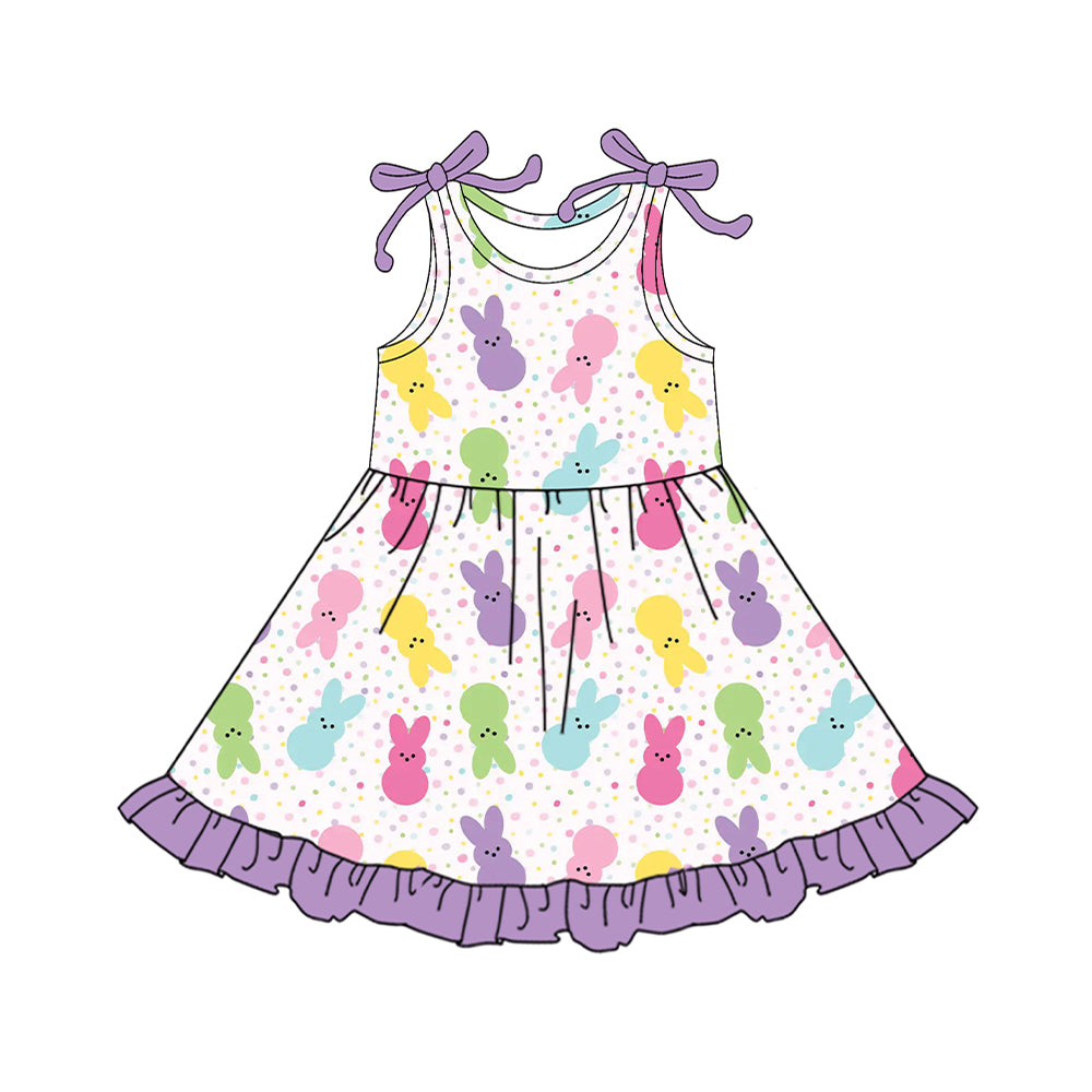 (Pre-order)GSD3503 Colorful Bunny Print Girls Easter Knee Length Dress