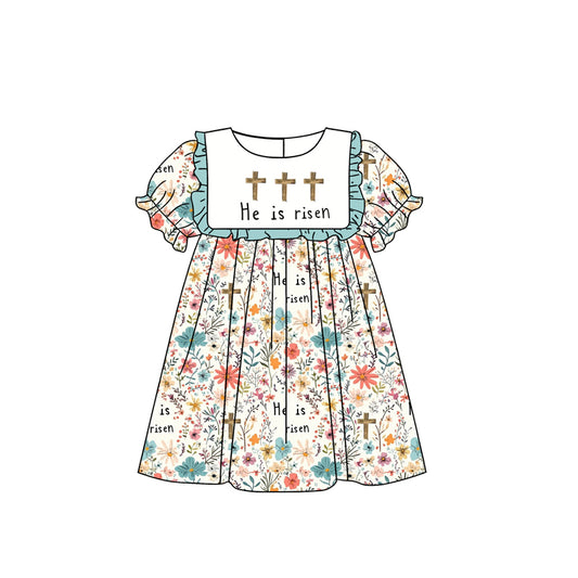 (Pre-order)GSD3504 He is risen Cross Flowers Print Girls Easter Knee Length Dress