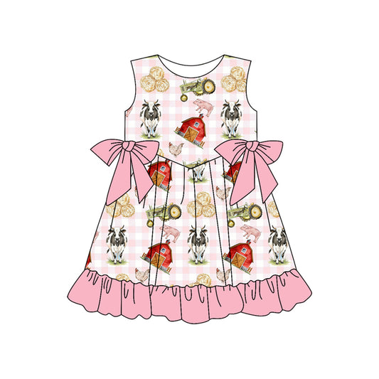 (Pre-order)GSD3507 Farm Animals Pink Plaid Print Girls Summer Knee Length Dress
