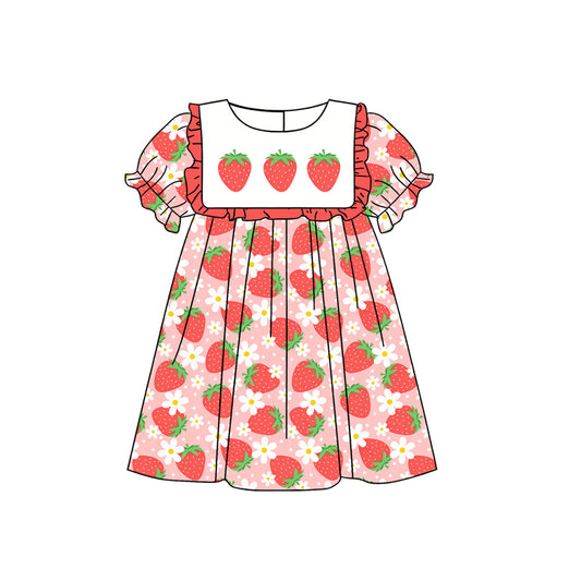 (Pre-order)GSD3508 Strawberry Flowers Print Girls Summer Knee Length Dress