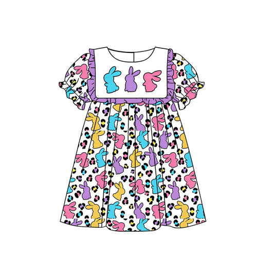 (Pre-order)GSD3509 Colorful Bunny Leopard Print Girls Easter Knee Length Dress