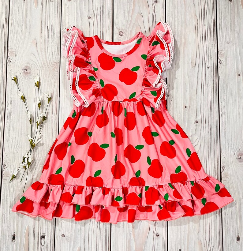 (Pre-order)GSD3510 Apple Print Ruffles Girls Summer Knee Length Dress