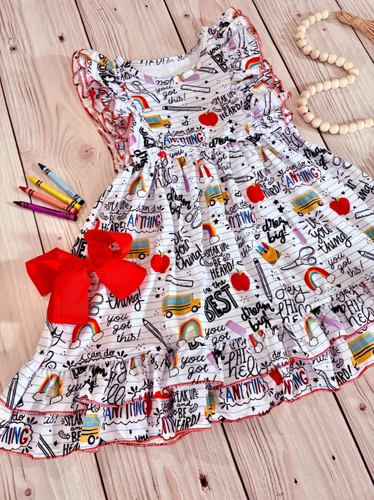 (Pre-order)GSD3511 Apple Pen Rainbow Print Ruffles Girls Back to School Knee Length Dress